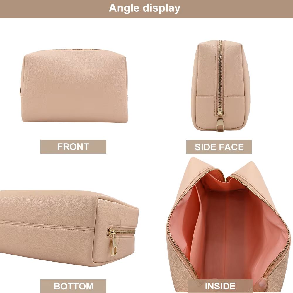 Minimalist Nude Makeup Bag – Soft PU Leather Cosmetic Pouch with Gold Zipper for Travel & Daily Use