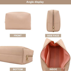 Minimalist Nude Makeup Bag – Soft PU Leather Cosmetic Pouch with Gold Zipper for Travel & Daily Use