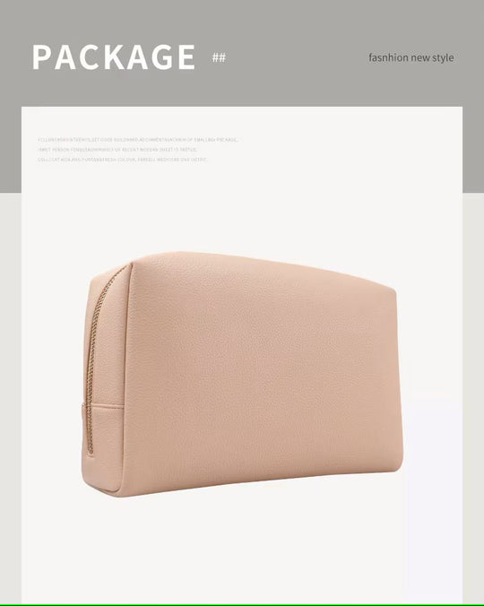 Minimalist Nude Makeup Bag – Soft PU Leather Cosmetic Pouch with Gold Zipper for Travel & Daily Use