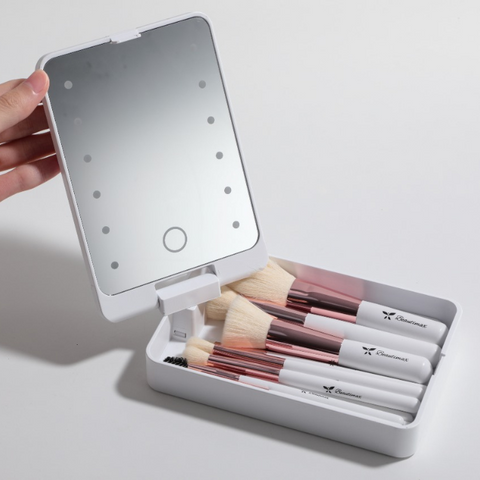 Beautimax Silver Makeup Brush Set with Mirror Case 14PCS with Mirror