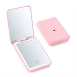 Rechargeable LED Pocket Mirror – Portable Folding Travel Mirror with Touch Light & USB Charging (Pink)