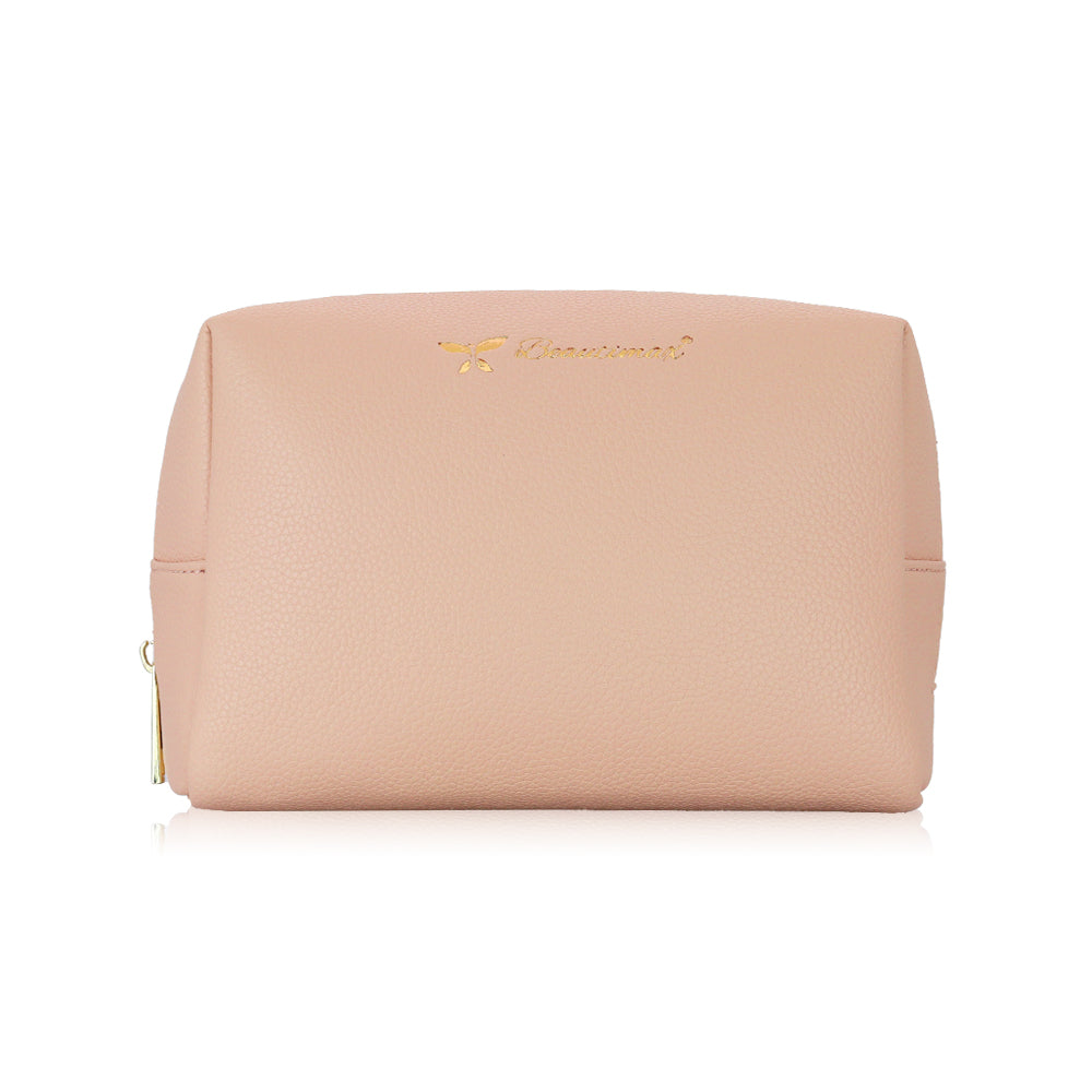 Minimalist Nude Makeup Bag – Soft PU Leather Cosmetic Pouch with Gold Zipper for Travel & Daily Use