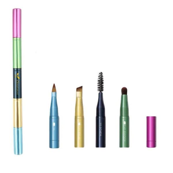 4-in-1 Retractable Travel Makeup Brush Pen Multi-Head Eye & Brow Brush Kit with Compact Case