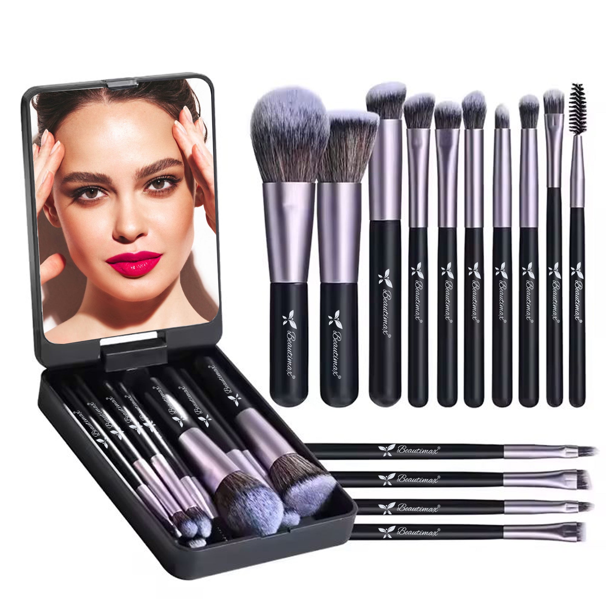 Beautimax Makeup Brush Set with Mirror Case 14PCS Travel LED Mirror Makeup Brush Set (Gold)