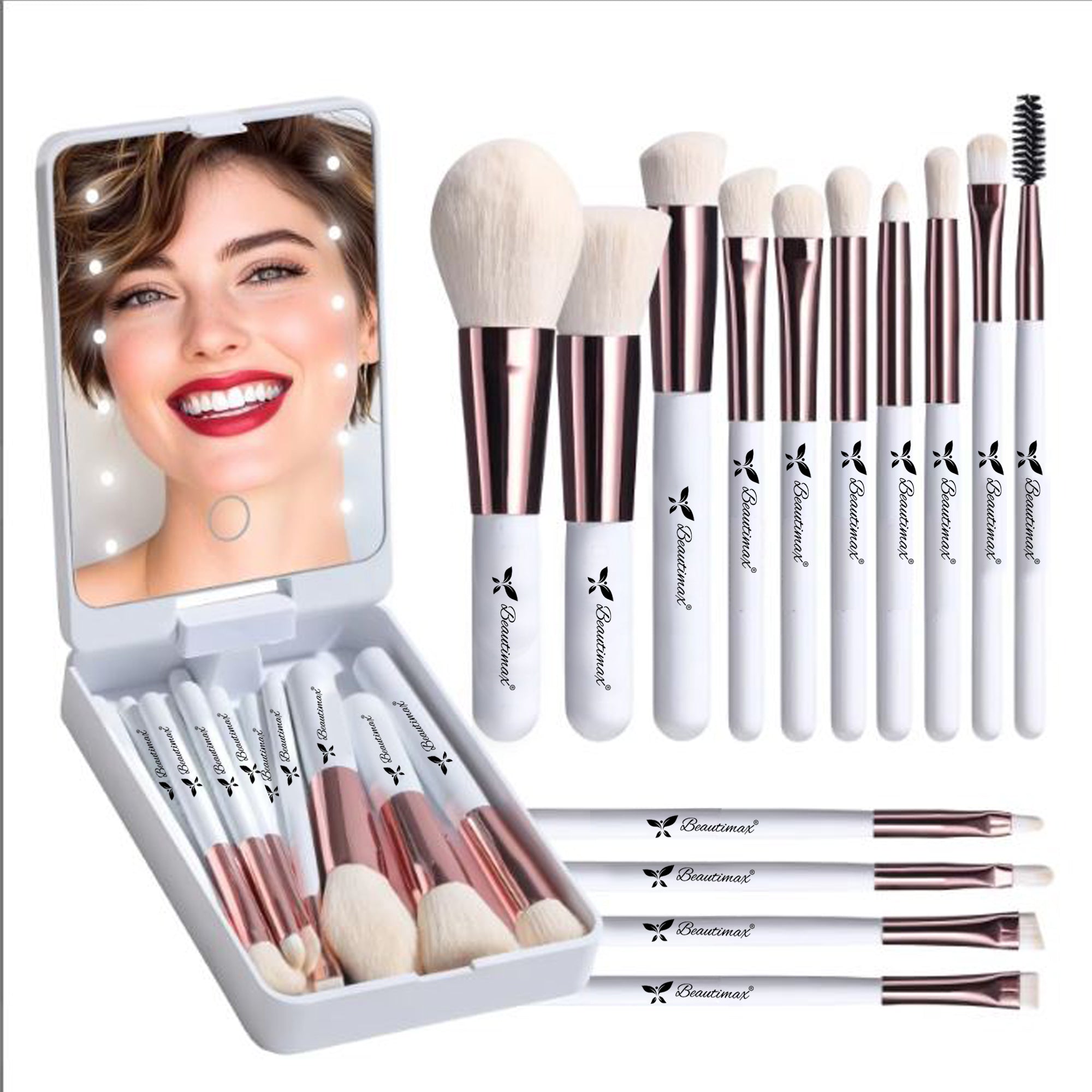 Beautimax Makeup Brush Set with Mirror Case 14PCS Travel LED Mirror Makeup Brush Set (Gold)
