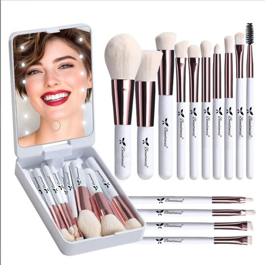 Beautimax Makeup Brush Set with Mirror Case 14PCS Travel LED Mirror Makeup Brush Set (Gold)