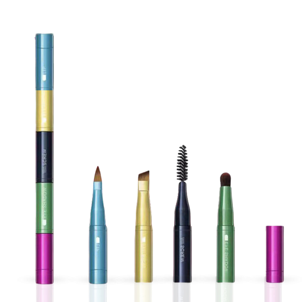 4-in-1 Retractable Travel Makeup Brush Pen Multi-Head Eye & Brow Brush Kit with Compact Case