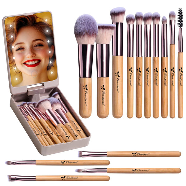 Beautimax Makeup Brush Set with Mirror Case 14PCS Travel LED Mirror Makeup Brush Set (Bamboo)