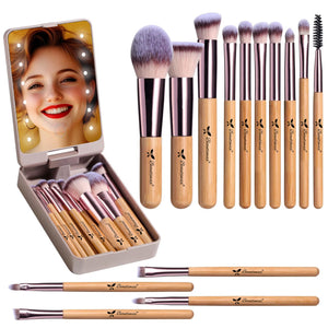 Beautimax Makeup Brush Set with Mirror Case 14PCS Travel LED Mirror Makeup Brush Set (Bamboo)
