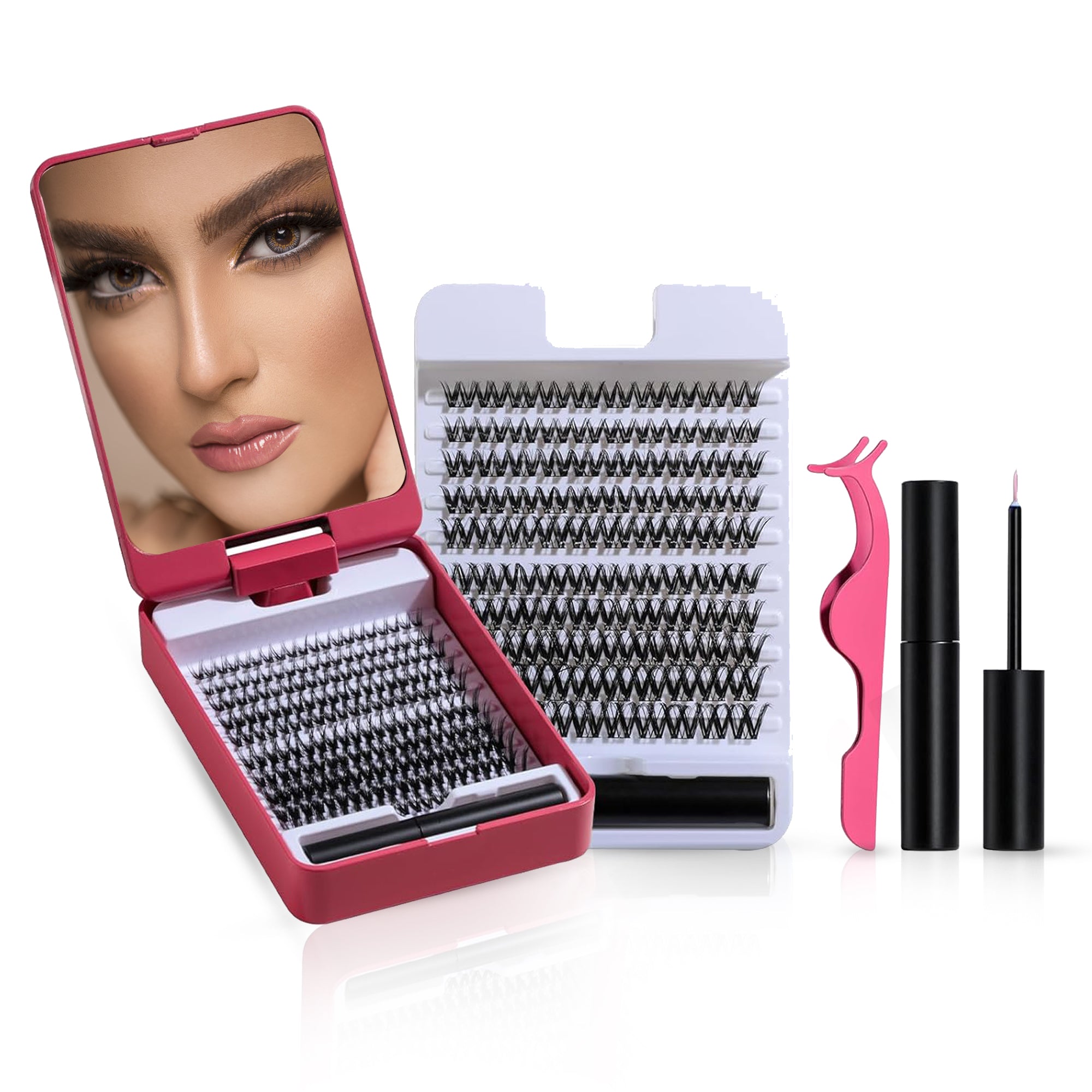 Individual Fake Eyelashes Clusters Kit – Ultra-Thin Invisible Lash Band, Reusable Natural Lash Extensions, 4-Day Long-Lasting Adhesive, 5X Magnifying Mirror & Application Tool Set