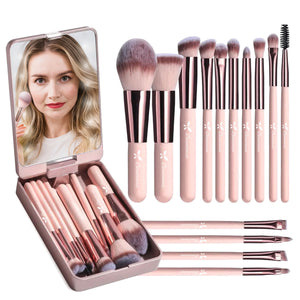 Beautimax Makeup Brush Set with Mirror Case 14PCS Travel LED Mirror Makeup Brush Set (Gold)