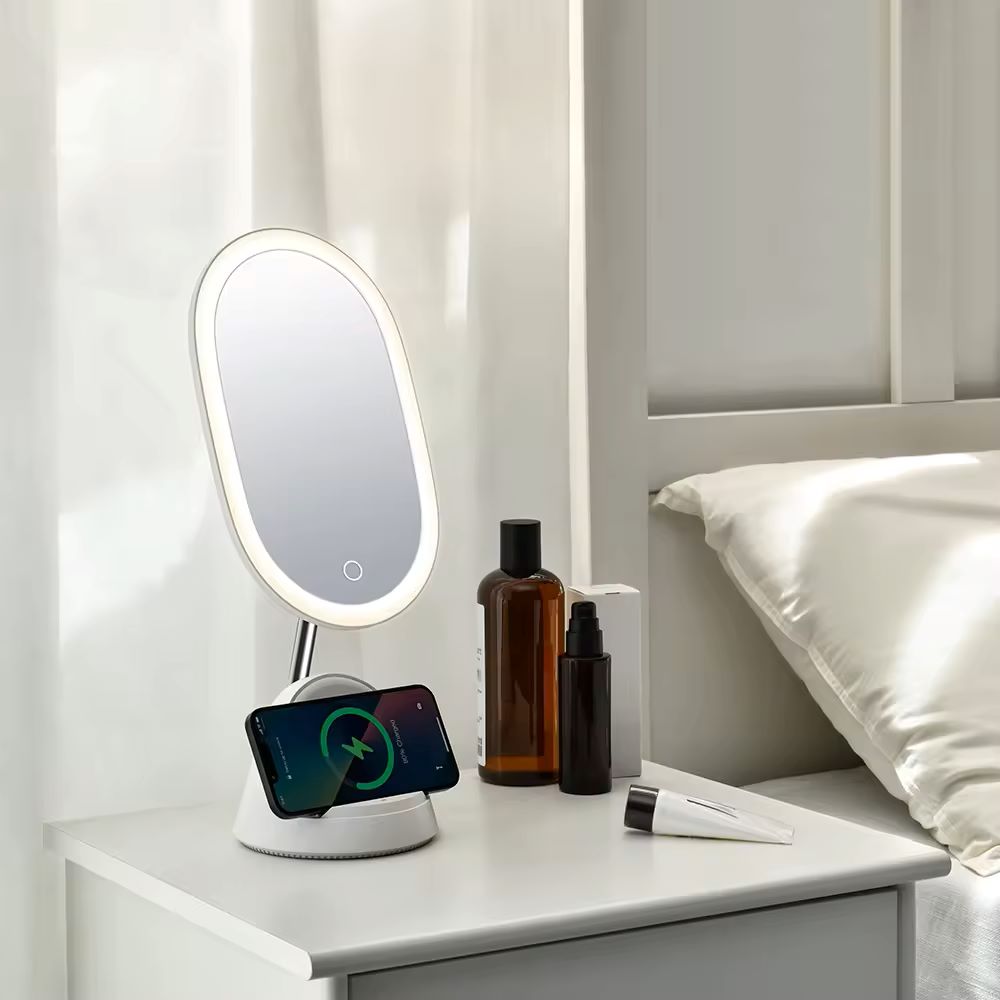 LED Makeup Mirror with Wireless Charging Base – Touch Control Vanity Mirror with Adjustable Light & Oval Design