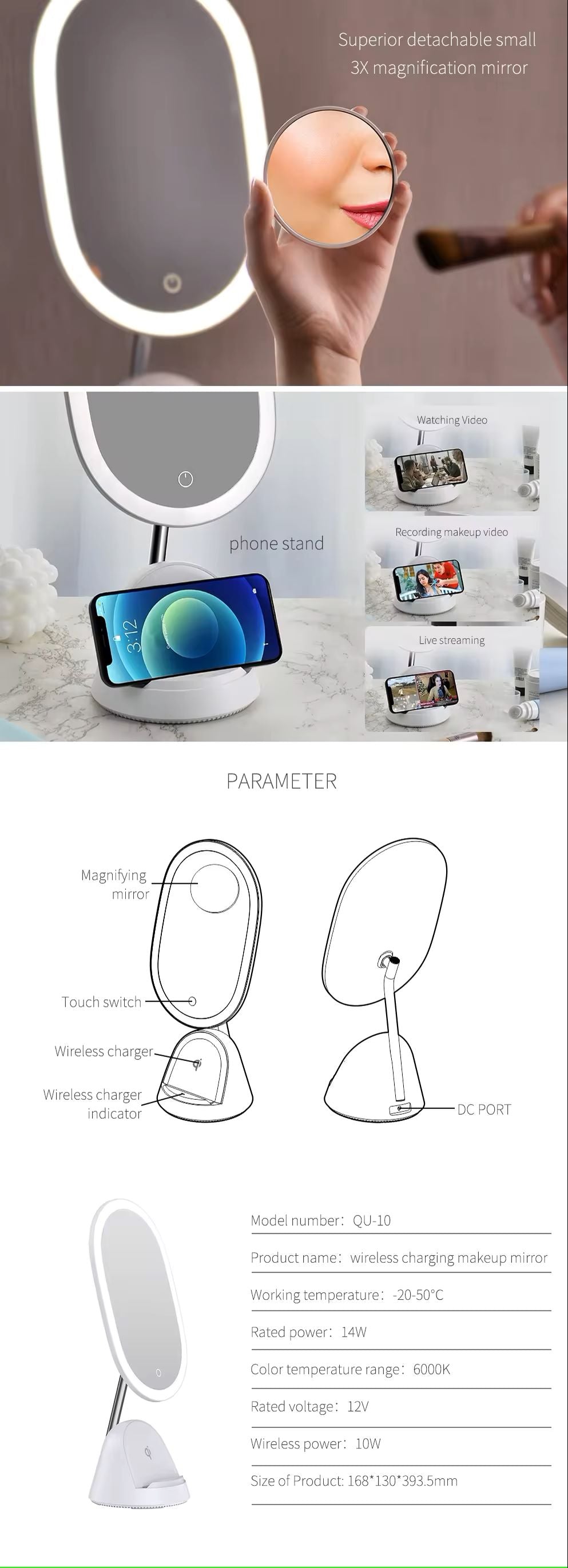LED Makeup Mirror with Wireless Charging Base – Touch Control Vanity Mirror with Adjustable Light & Oval Design
