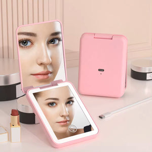 Rechargeable LED Pocket Mirror – Portable Folding Travel Mirror with Touch Light & USB Charging (Pink)