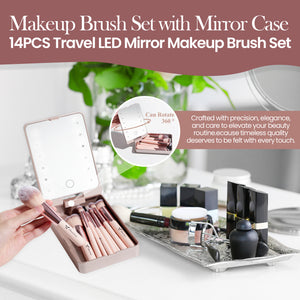 Beautimax Makeup Brush Set with Mirror Case 14PCS Travel LED Mirror Makeup Brush Set (Gold)