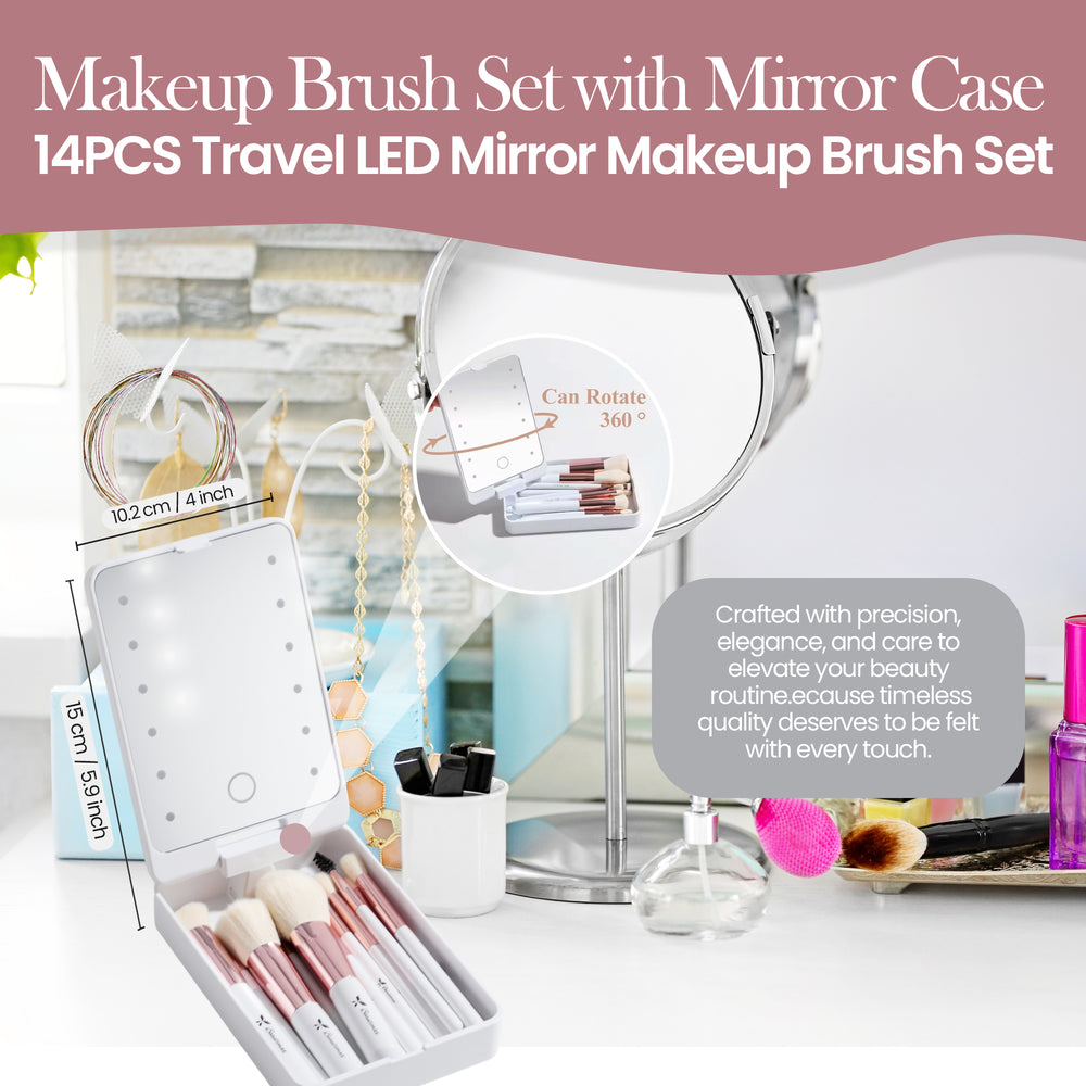 Beautimax Silver Makeup Brush Set with Mirror Case 14PCS with Mirror