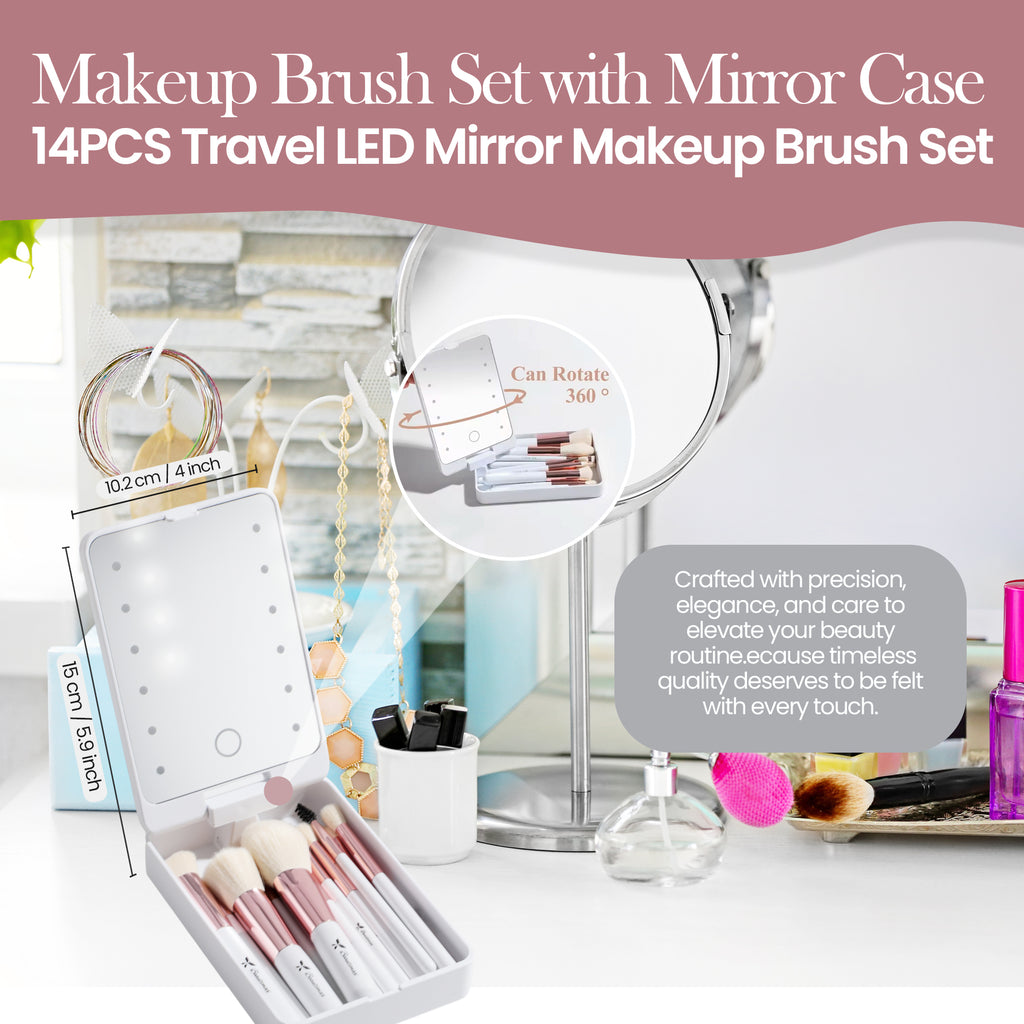 Beautimax Silver Makeup Brush Set with Mirror Case 14PCS with Mirror