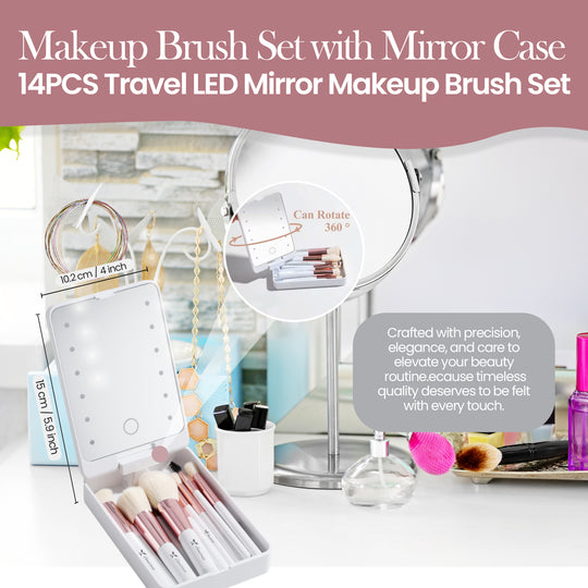 Beautimax Silver Makeup Brush Set with Mirror Case 14PCS with Mirror