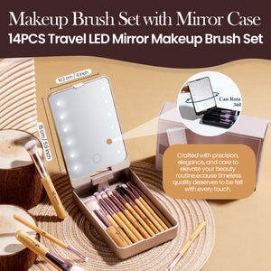 Beautimax Makeup Brush Set with Mirror Case 14PCS Travel LED Mirror Makeup Brush Set (Bamboo)