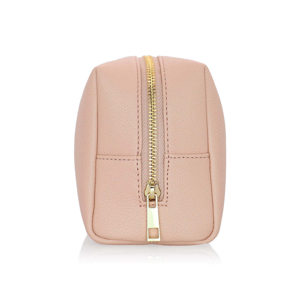 Minimalist Nude Makeup Bag – Soft PU Leather Cosmetic Pouch with Gold Zipper for Travel & Daily Use