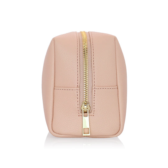 Minimalist Nude Makeup Bag – Soft PU Leather Cosmetic Pouch with Gold Zipper for Travel & Daily Use