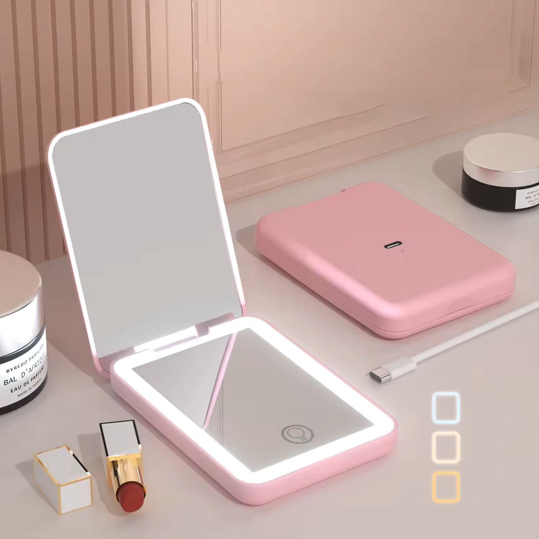 Rechargeable LED Pocket Mirror – Portable Folding Travel Mirror with Touch Light & USB Charging (Pink)
