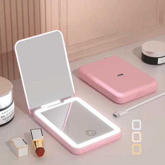 Rechargeable LED Pocket Mirror – Portable Folding Travel Mirror with Touch Light & USB Charging (Pink)
