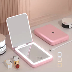 Rechargeable LED Pocket Mirror – Portable Folding Travel Mirror with Touch Light & USB Charging (Pink)