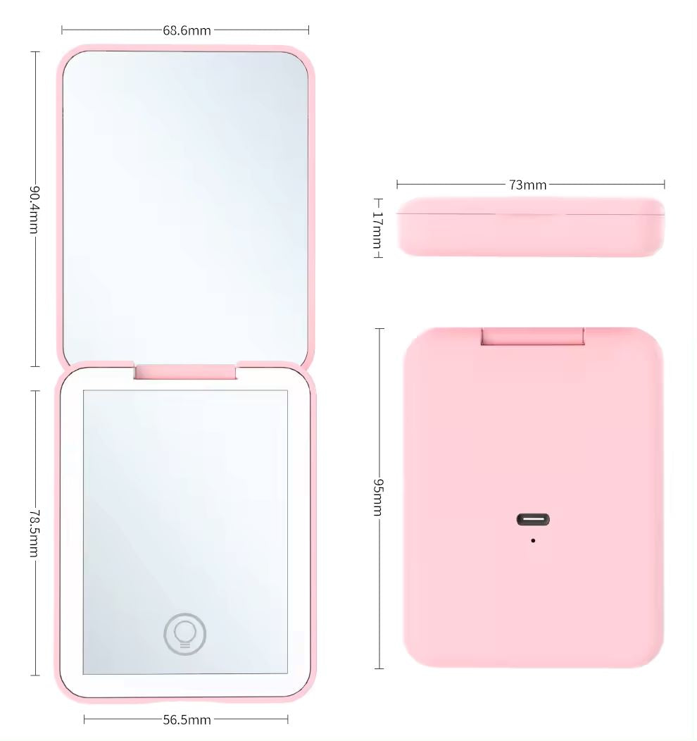 Rechargeable LED Pocket Mirror – Portable Folding Travel Mirror with Touch Light & USB Charging (Pink)