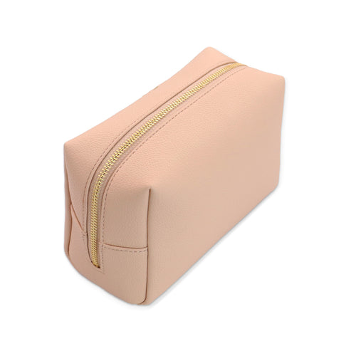Minimalist Nude Makeup Bag – Soft PU Leather Cosmetic Pouch with Gold Zipper for Travel & Daily Use