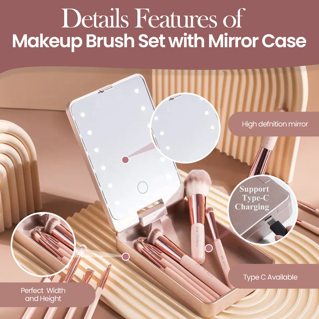 Beautimax Makeup Brush Set with Mirror Case 14PCS Travel LED Mirror Makeup Brush Set (Gold)