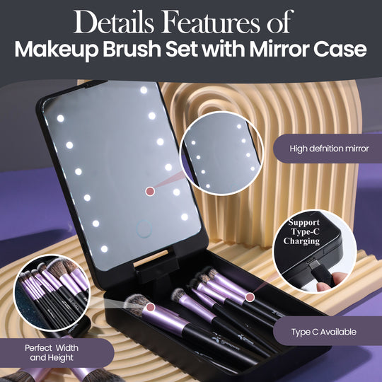 Beautimax Black Makeup Brush Set with Mirror Case 14PCS with Mirror