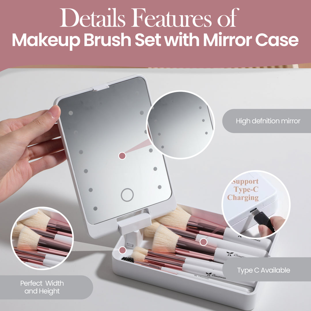 Beautimax Silver Makeup Brush Set with Mirror Case 14PCS with Mirror