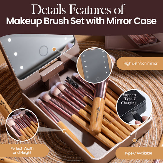 Beautimax Makeup Brush Set with Mirror Case 14PCS Travel LED Mirror Makeup Brush Set (Bamboo)