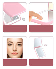 Rechargeable LED Pocket Mirror – Portable Folding Travel Mirror with Touch Light & USB Charging (Pink)