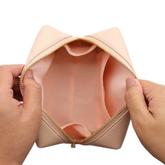 Minimalist Nude Makeup Bag – Soft PU Leather Cosmetic Pouch with Gold Zipper for Travel & Daily Use