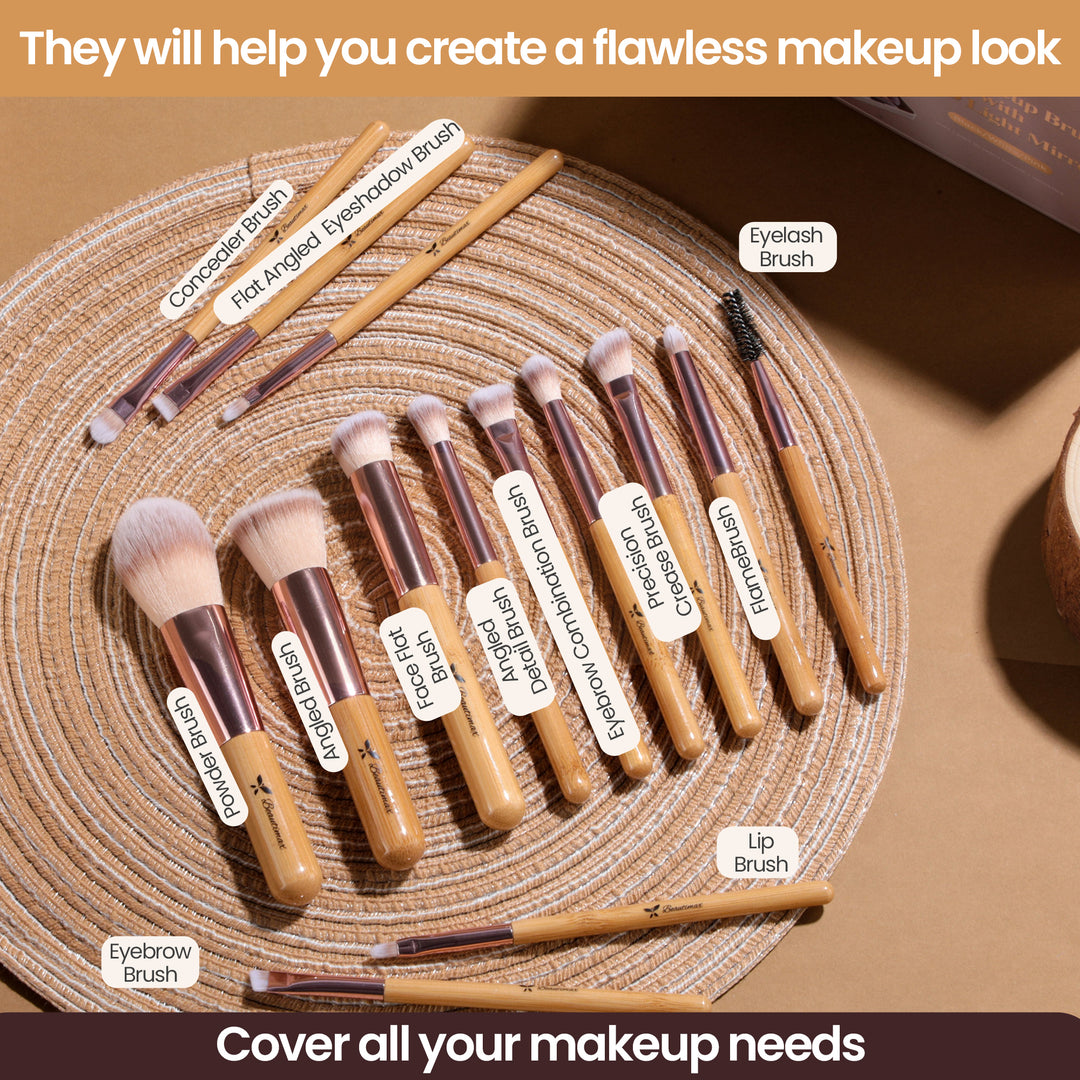 Beautimax Makeup Brush Set with Mirror Case 14PCS Travel LED Mirror Makeup Brush Set (Bamboo)