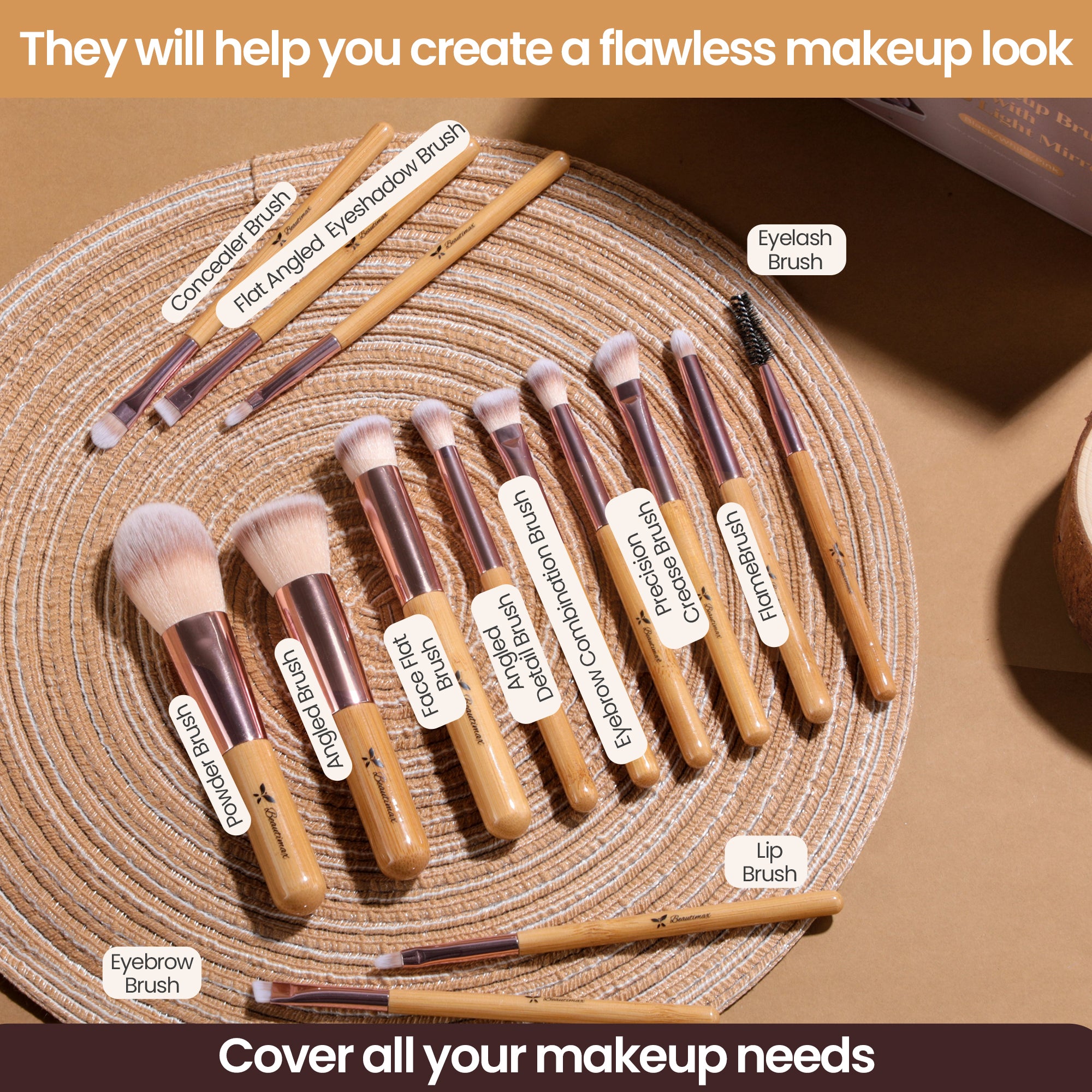 Beautimax Makeup Brush Set with Mirror Case 14PCS Travel LED Mirror Makeup Brush Set (Bamboo)