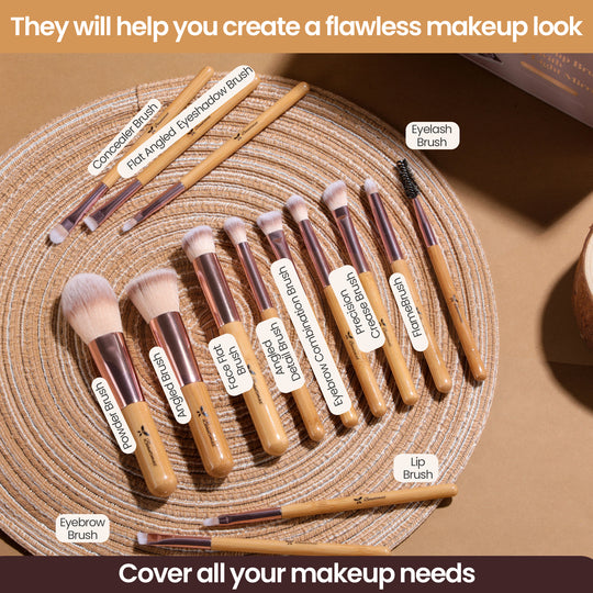 Beautimax Makeup Brush Set with Mirror Case 14PCS Travel LED Mirror Makeup Brush Set (Bamboo)