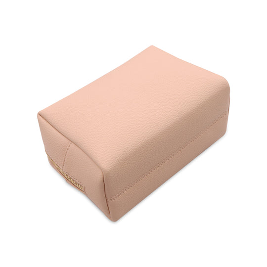 Minimalist Nude Makeup Bag – Soft PU Leather Cosmetic Pouch with Gold Zipper for Travel & Daily Use