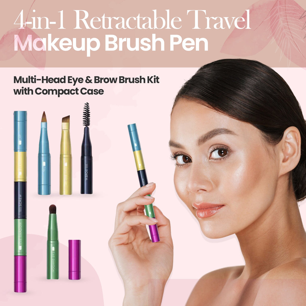 4-in-1 Retractable Travel Makeup Brush Pen Multi-Head Eye & Brow Brush Kit with Compact Case