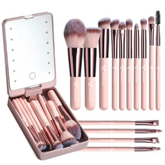 Beautimax Makeup Brush Set with Mirror Case 14PCS Travel LED Mirror Makeup Brush Set (Gold)