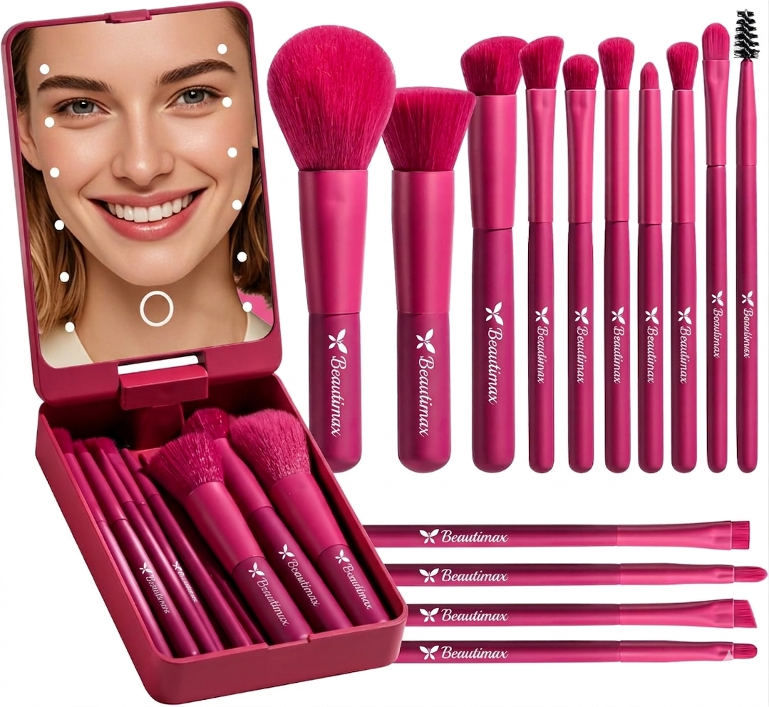 Beautimax Neon Pink Makeup Brush Set with Mirror Case 14PCS with Mirror