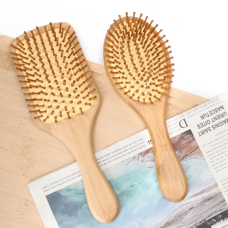 2-Piece Bamboo Hair Brush Set – Eco-Friendly Paddle & Oval Detangling Brushes with Wooden Bristles