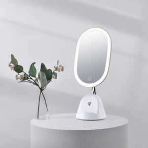 LED Makeup Mirror with Wireless Charging Base – Touch Control Vanity Mirror with Adjustable Light & Oval Design