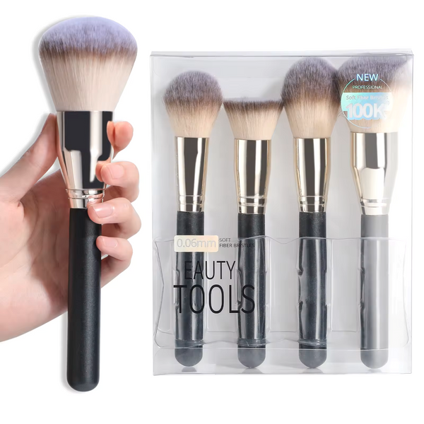 4-Piece Professional Face Makeup Brush Set Foundation, Powder, Blush & Contour Brushes with Black Handles