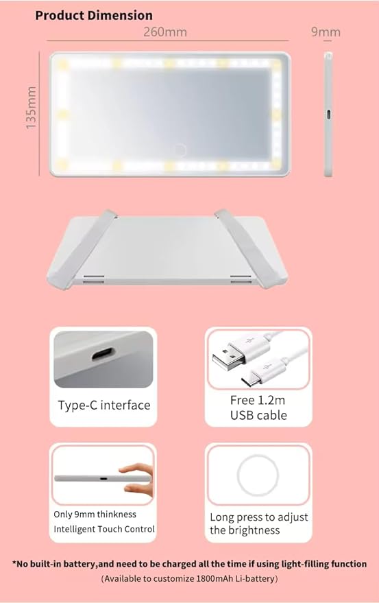 Car Vanity Mirror Make Up At A Car Hang On the Visor Board 3 Color LED Light Adjustable Brightness With Lithium Battery Mirror