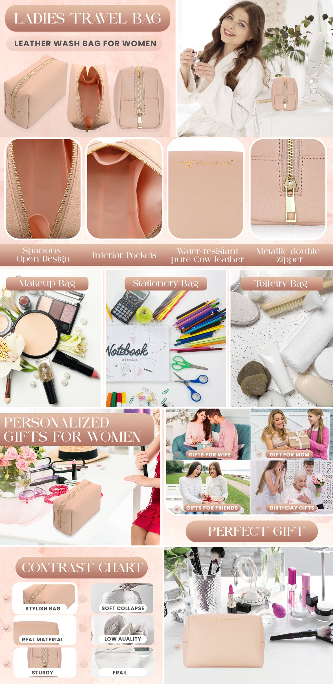 Minimalist Nude Makeup Bag – Soft PU Leather Cosmetic Pouch with Gold Zipper for Travel & Daily Use