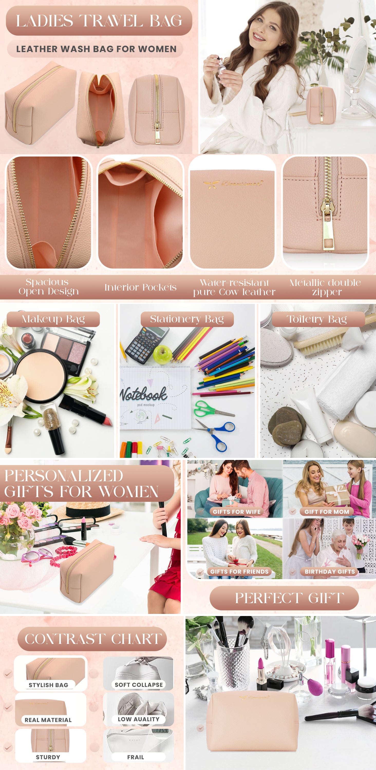 Minimalist Nude Makeup Bag – Soft PU Leather Cosmetic Pouch with Gold Zipper for Travel & Daily Use